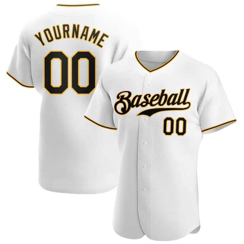 Custom White Baseball Jersey with Black Gold 3
