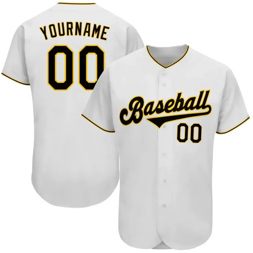 Custom White Baseball Jersey with Black Gold 4