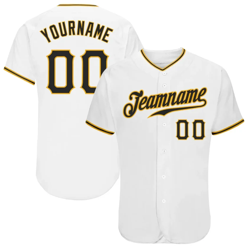 Custom White Baseball Jersey with Black Gold