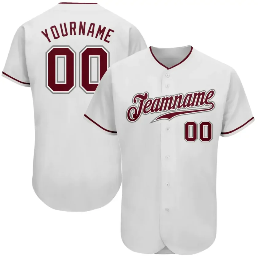 Custom White Baseball Jersey with Crimson Gray
