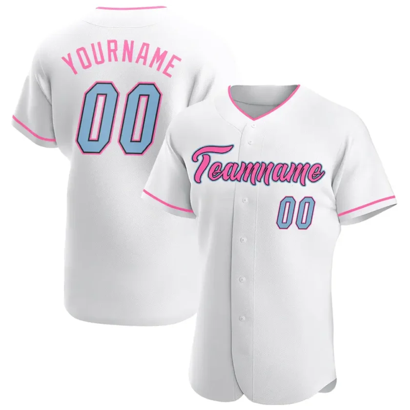 Custom White Baseball Jersey with Light Blue Pink