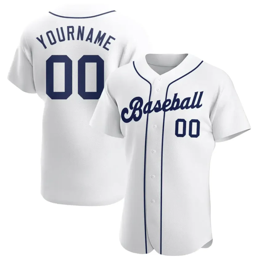 Custom White Baseball Jersey with Navy 8