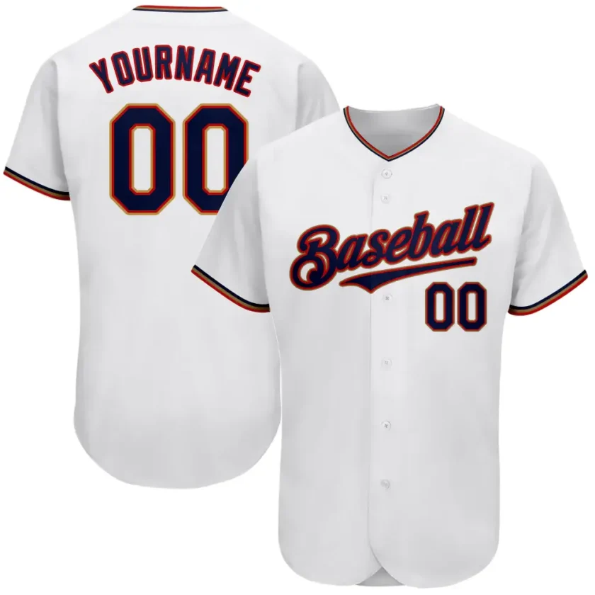 Custom White Baseball Jersey with Navy Red 3