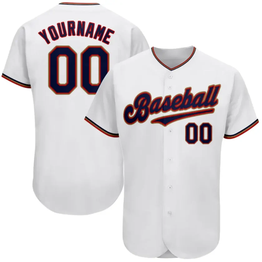 Custom White Baseball Jersey with Navy Red 4