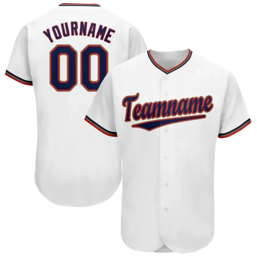 Custom White Baseball Jersey with Navy Red