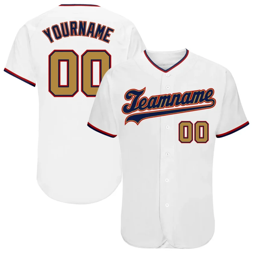 Custom White Baseball Jersey with Old Gold Navy