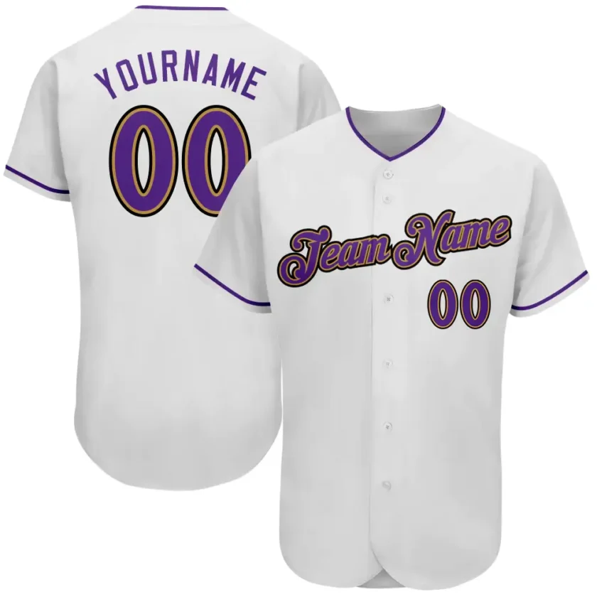 Custom White Baseball Jersey with Purple Old Gold