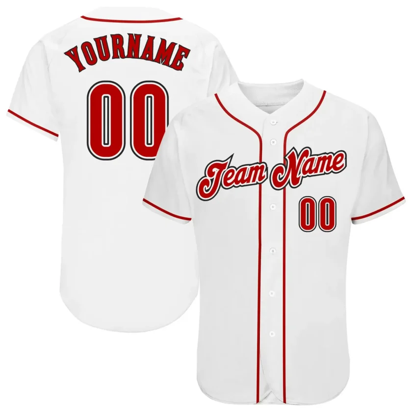 Custom White Baseball Jersey with Red Black 3