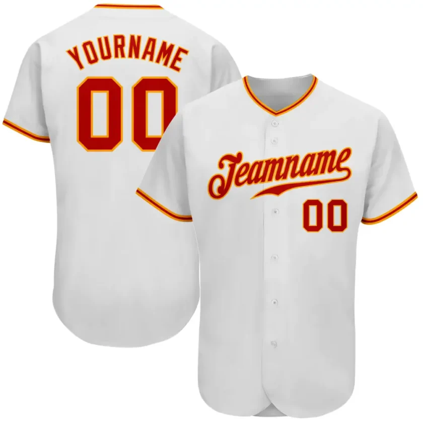 Custom White Baseball Jersey with Red Gold