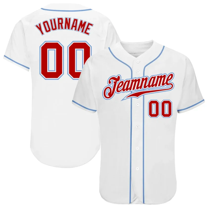 Custom White Baseball Jersey with Red Light Blue