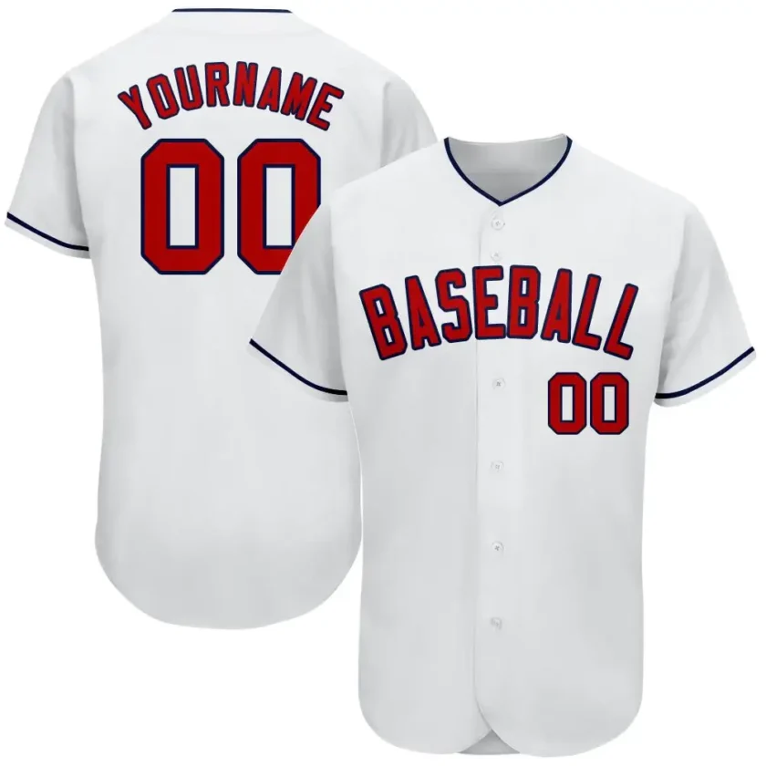 Custom White Baseball Jersey with Red Navy 10