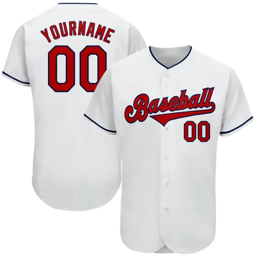 Custom White Baseball Jersey with Red Navy 11