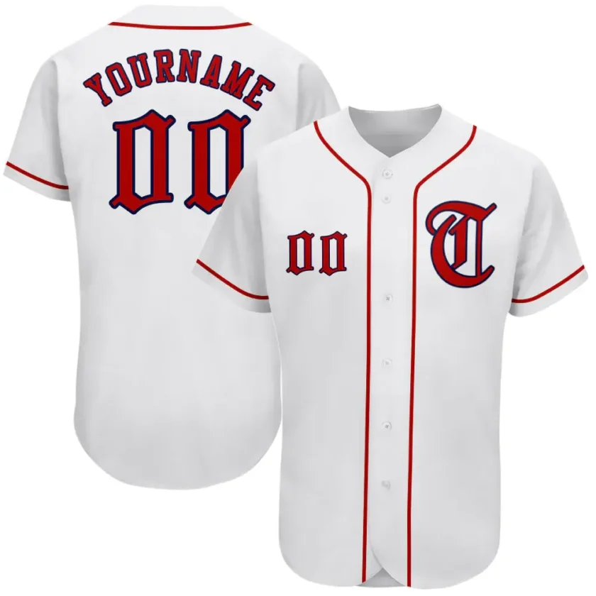 Custom White Baseball Jersey with Red Navy 12