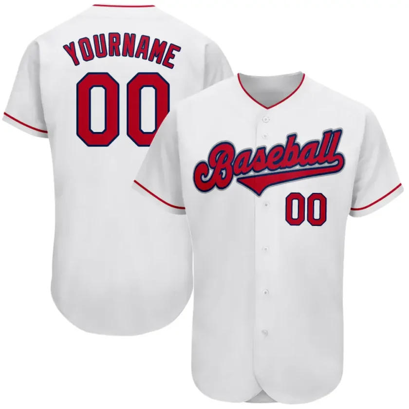 Custom White Baseball Jersey with Red Navy 13