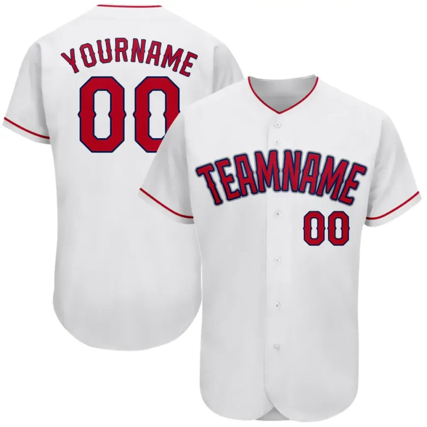 Custom White Baseball Jersey with Red Navy 14