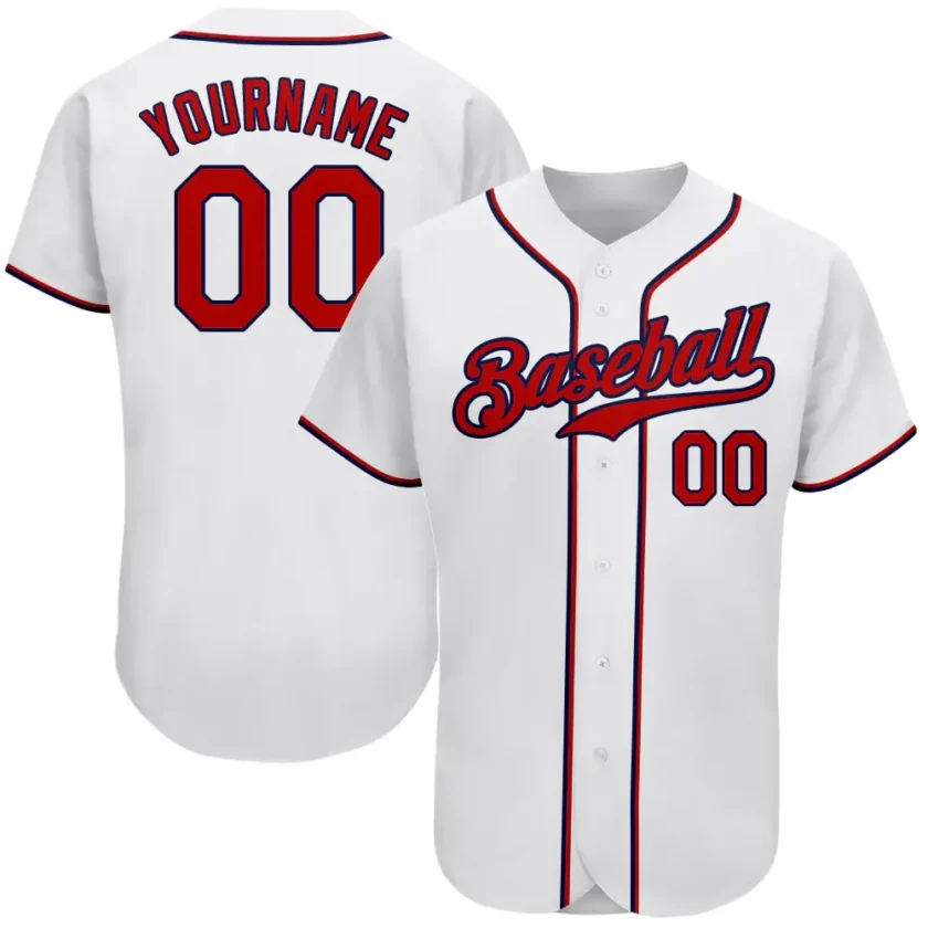 Custom White Baseball Jersey with Red Navy 15