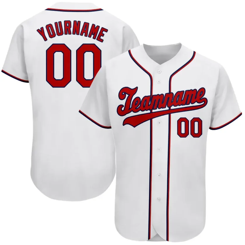 Custom White Baseball Jersey with Red Navy 16