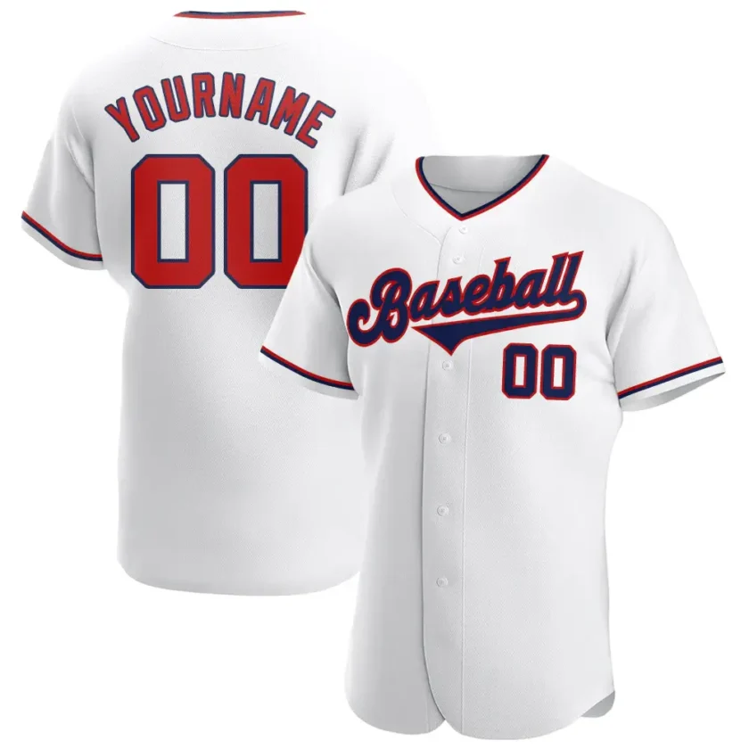Custom White Baseball Jersey with Red Navy 19