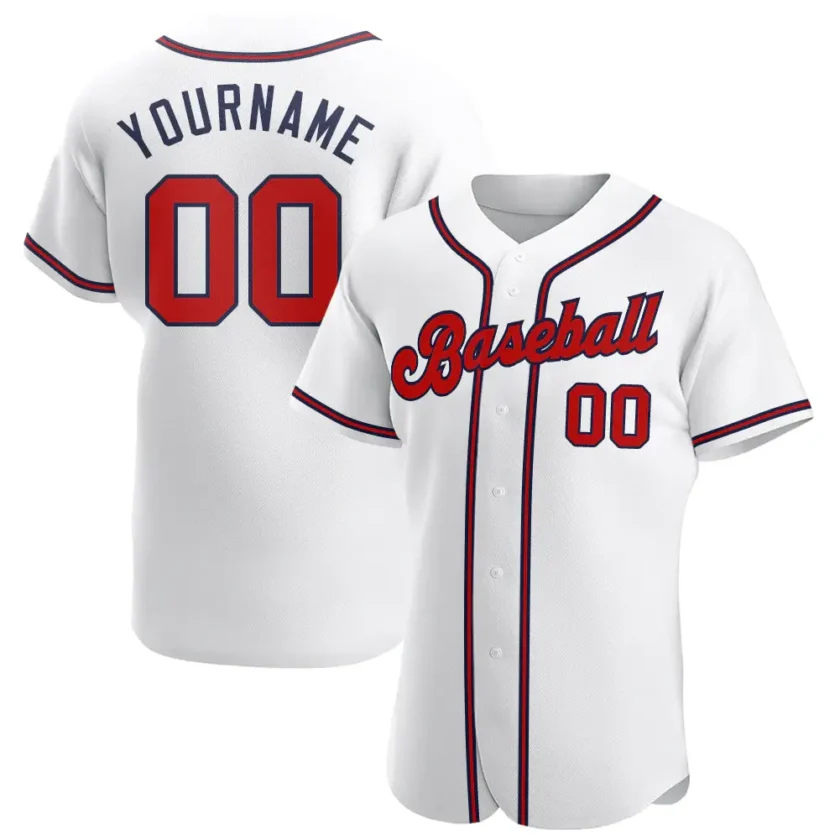 Custom White Baseball Jersey with Red Navy 20