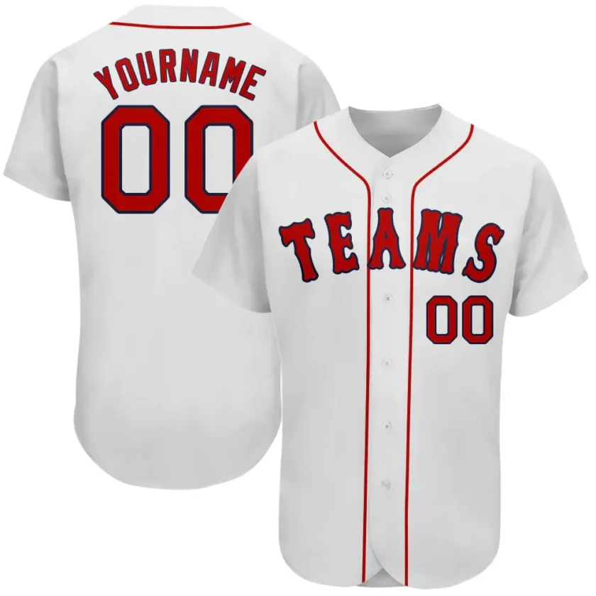 Custom White Baseball Jersey with Red Navy 23
