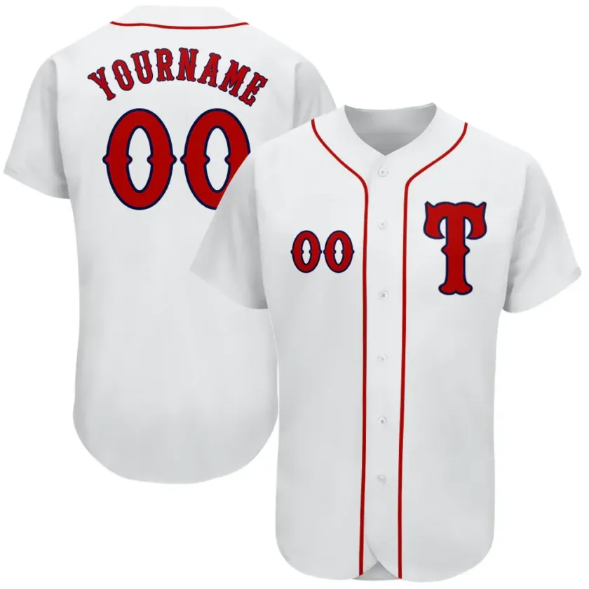 Custom White Baseball Jersey with Red Navy 24