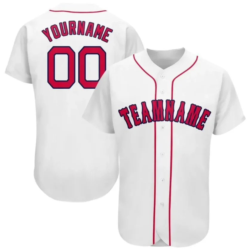 Custom White Baseball Jersey with Red Navy 3