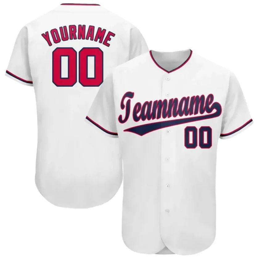 Custom White Baseball Jersey with Red Navy 4