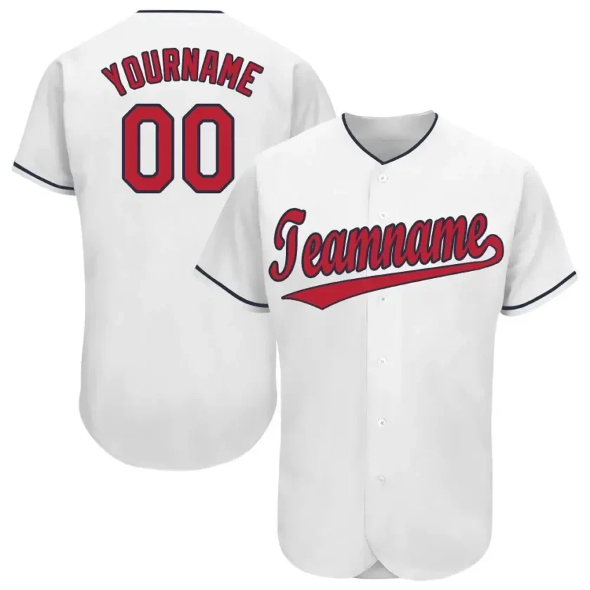 Custom White Baseball Jersey with Red Navy 6