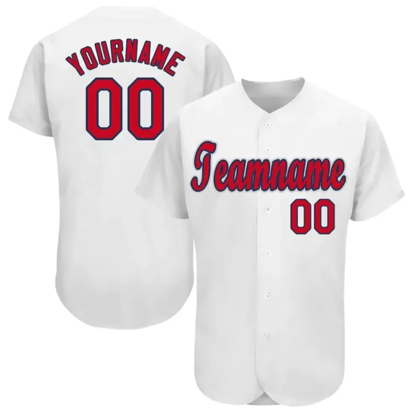 Custom White Baseball Jersey with Red Navy 7
