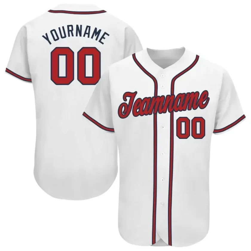 Custom White Baseball Jersey with Red Navy 8