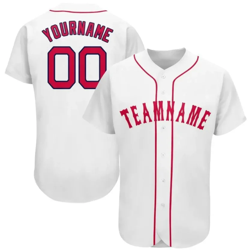 Custom White Baseball Jersey with Red Navy