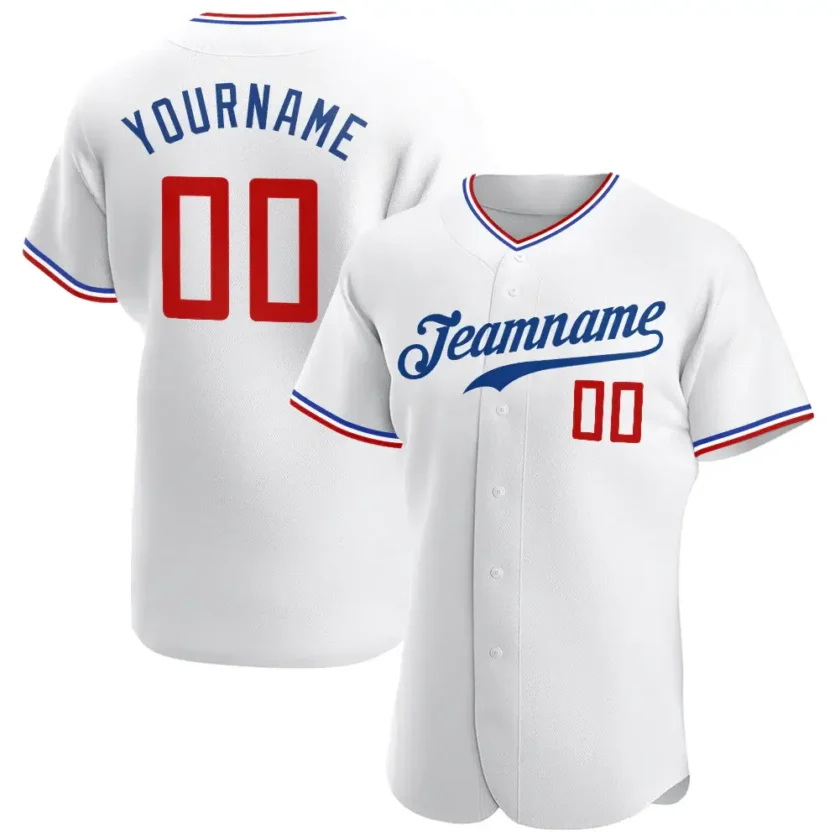 Custom White Baseball Jersey with Red Royal