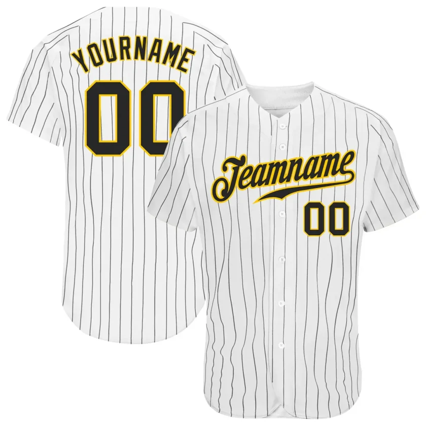 Custom White Pinstripe Baseball Jersey with Black Gold