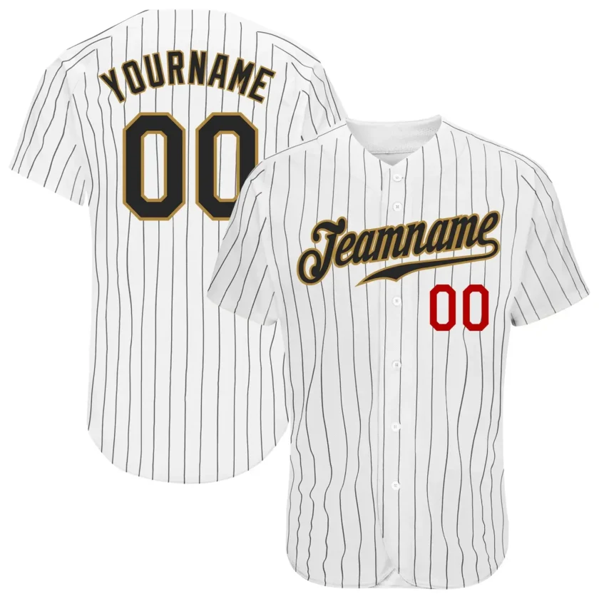 Custom White Pinstripe Baseball Jersey with Black Old Gold Red