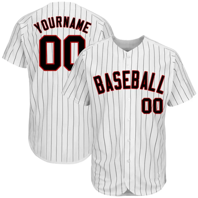 Custom White Pinstripe Baseball Jersey with Black Red