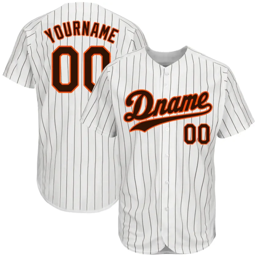 Custom White Pinstripe Baseball Jersey with Brown Orange 3