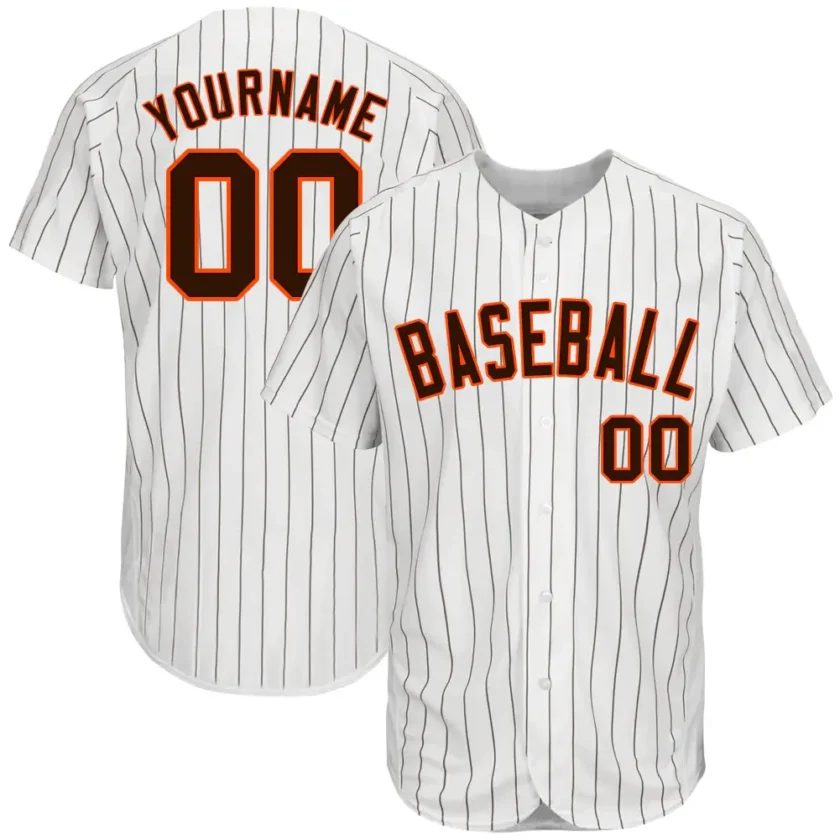 Custom White Pinstripe Baseball Jersey with Brown Orange