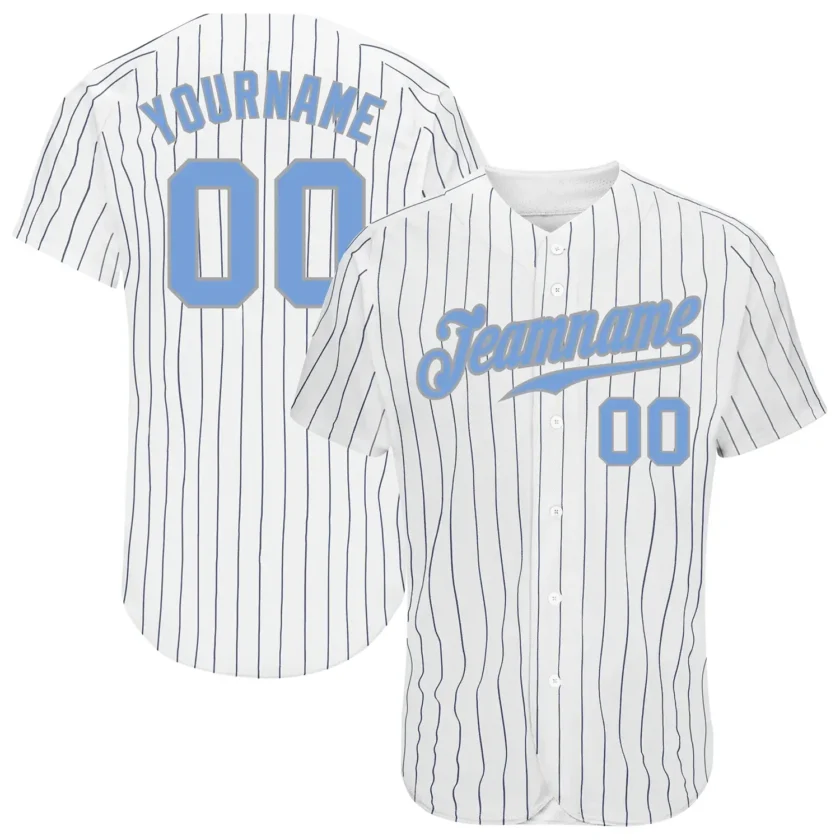 Custom White Pinstripe Baseball Jersey with Light Blue Gray