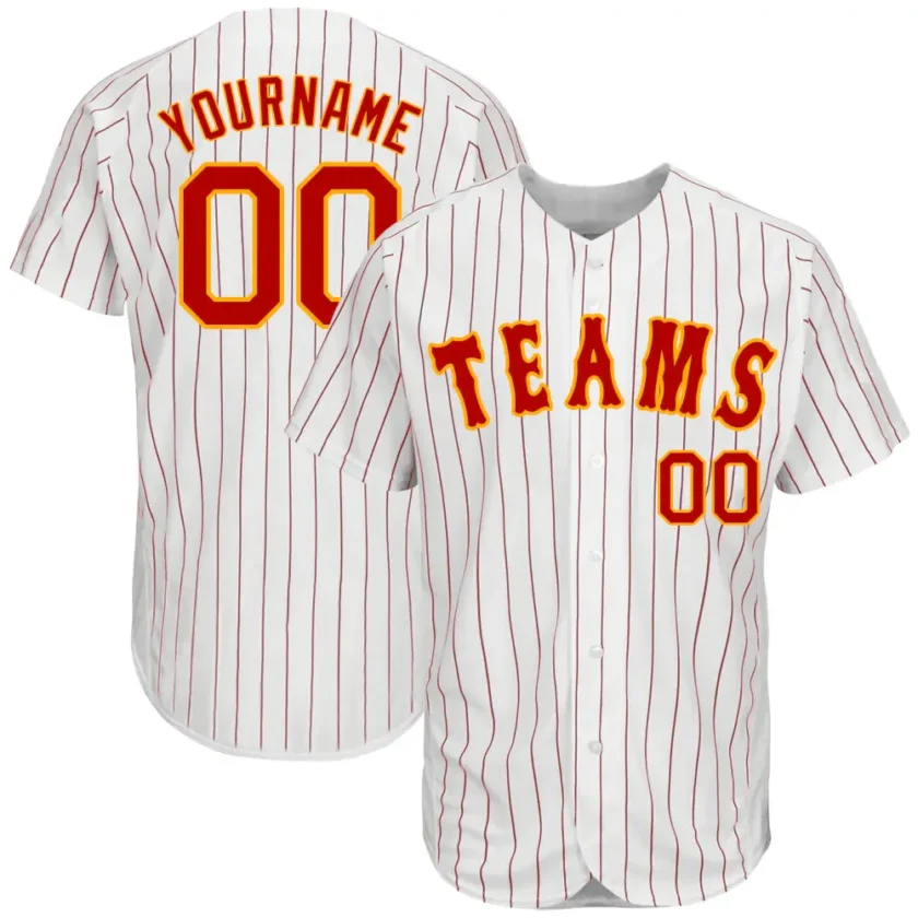 Custom White Pinstripe Baseball Jersey with Red Gold 3