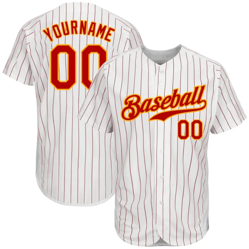 Custom White Pinstripe Baseball Jersey with Red Gold
