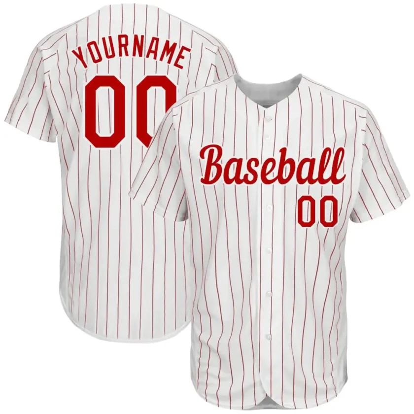 Custom White Pinstripe Baseball Jersey with Red White 4